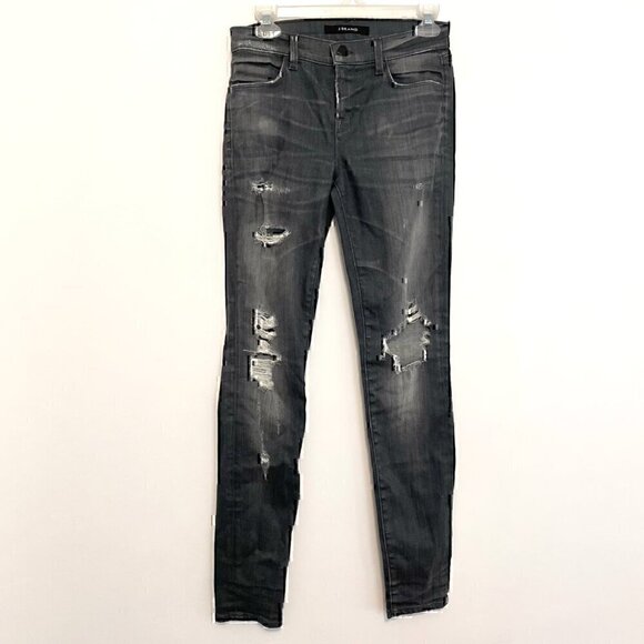 J BRAND Gray Ripped Rips Distressed Whiskered Faded Stretch Skinny Jeans 25 W25 - Picture 2 of 11
